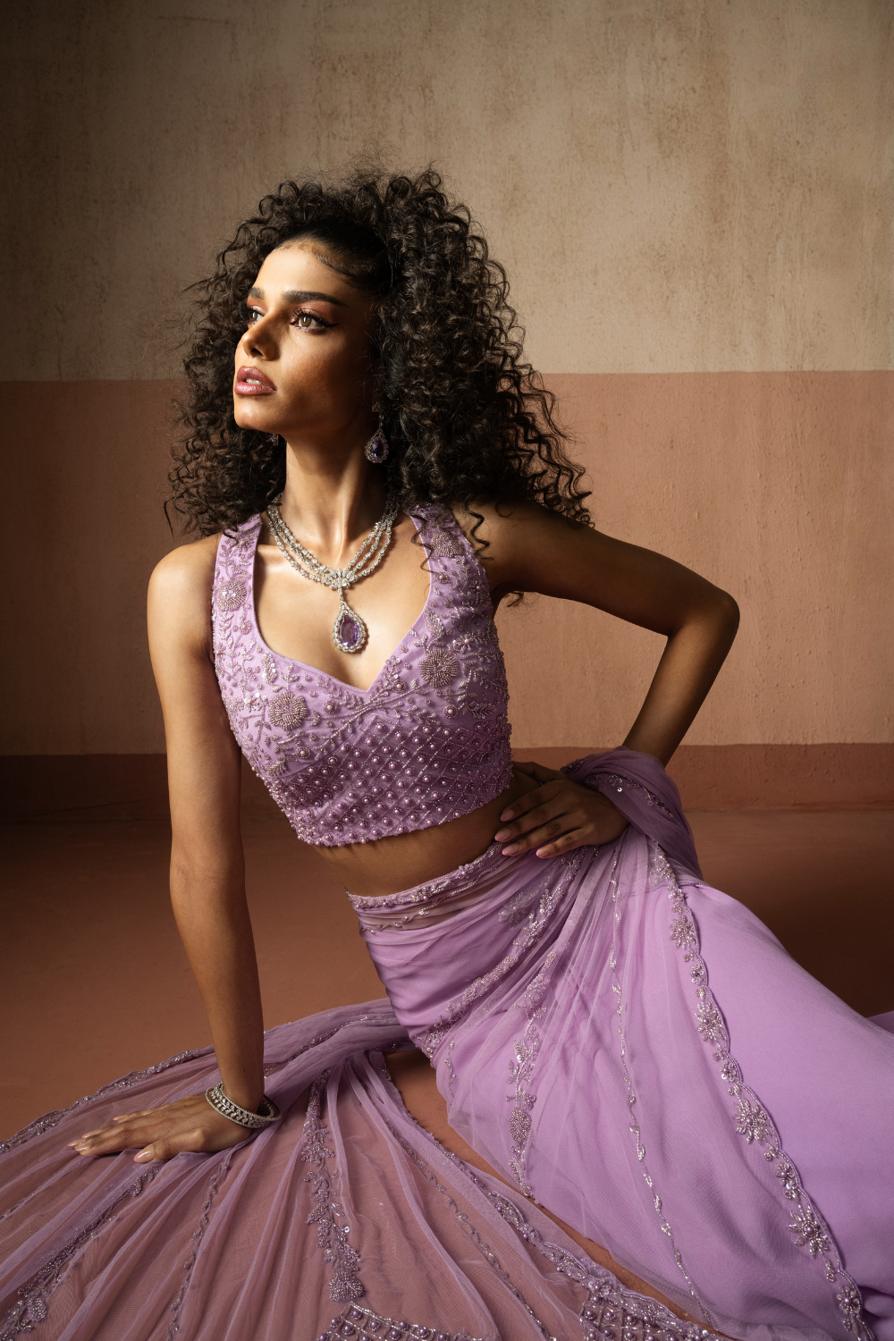 Predraped , lavender, hand embroidered net & georgette saree
