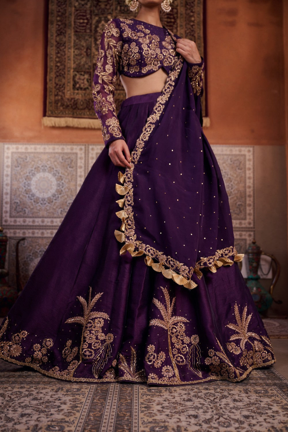Purple dupion silk blouse, lehenga and organza silk dupatta