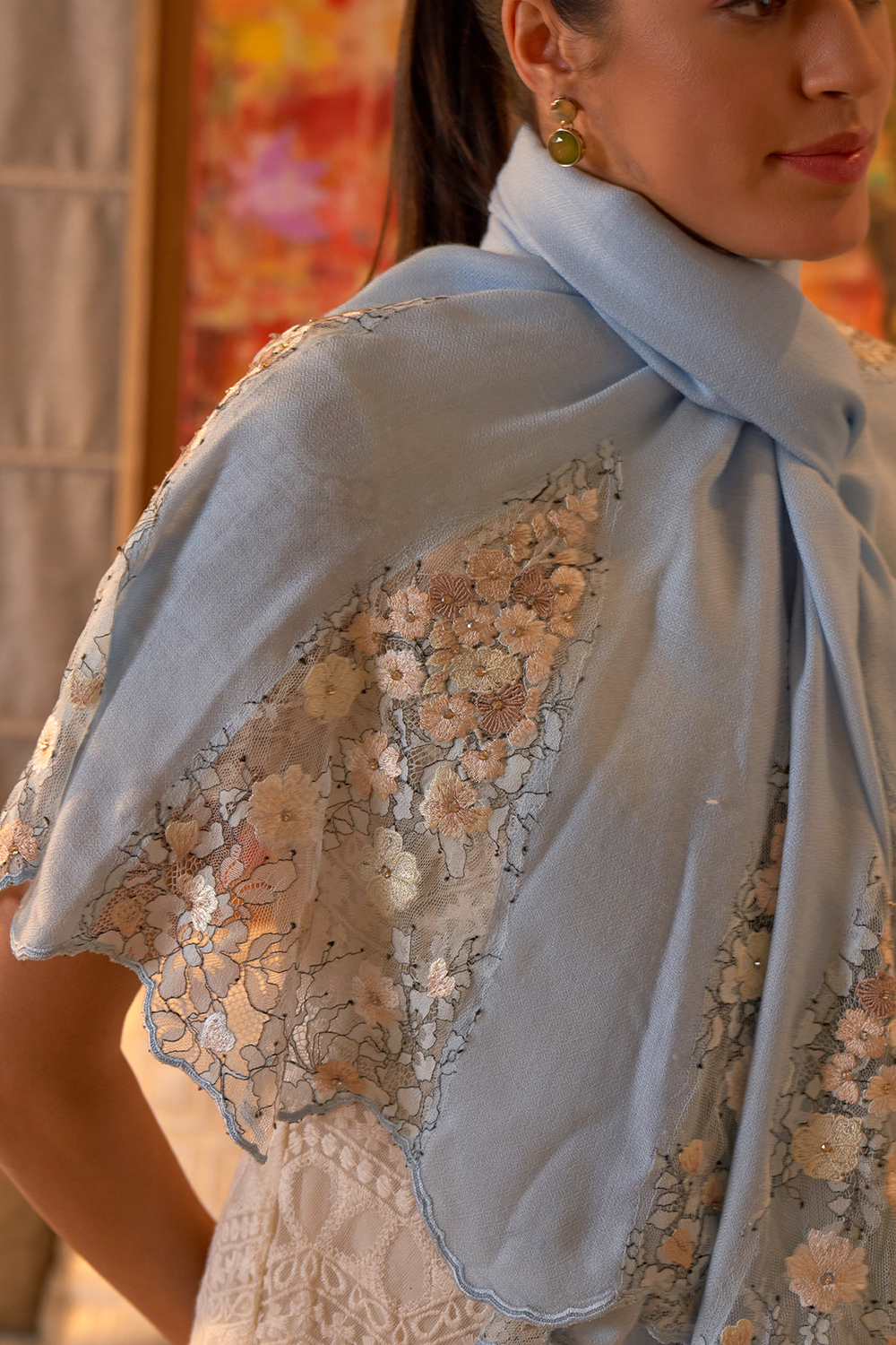 Cherry Blossom Flounce | Embroidered Wool Silk Stole – Powder Blue
