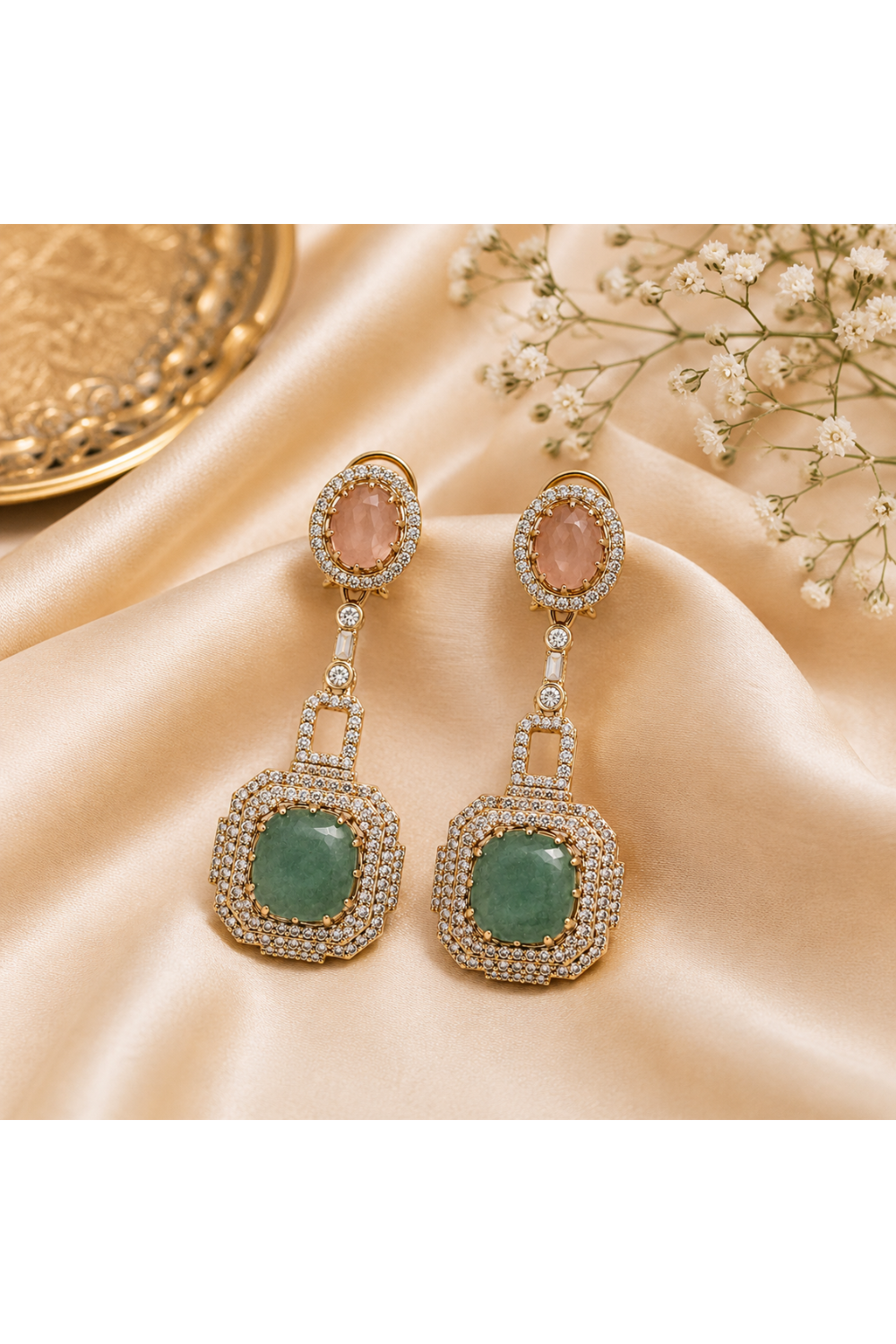 Blush Pink & Sage Green Semi-Precious Statement Earrings