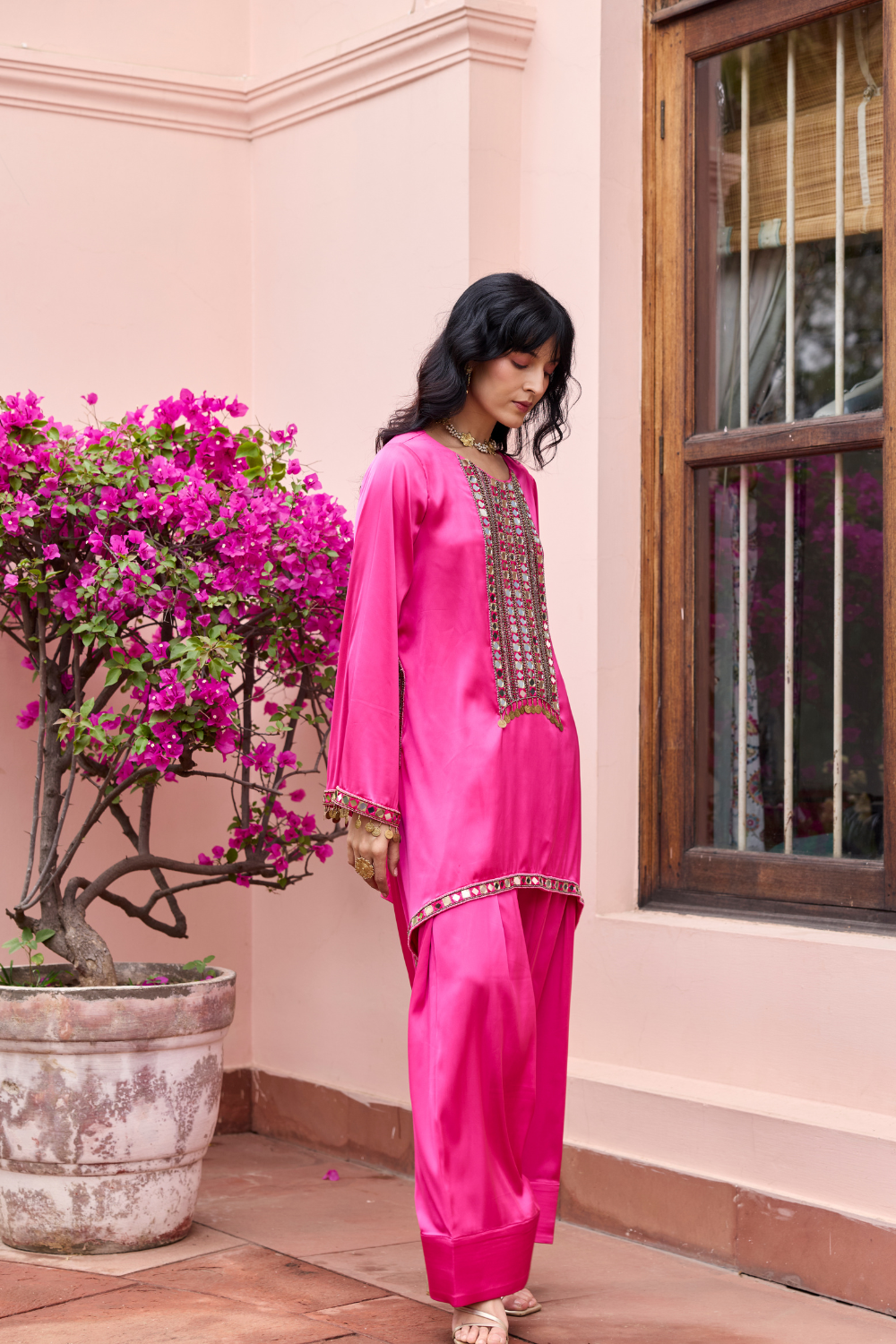 FUSCHIA PINK EMBROIDERED KURTI SET