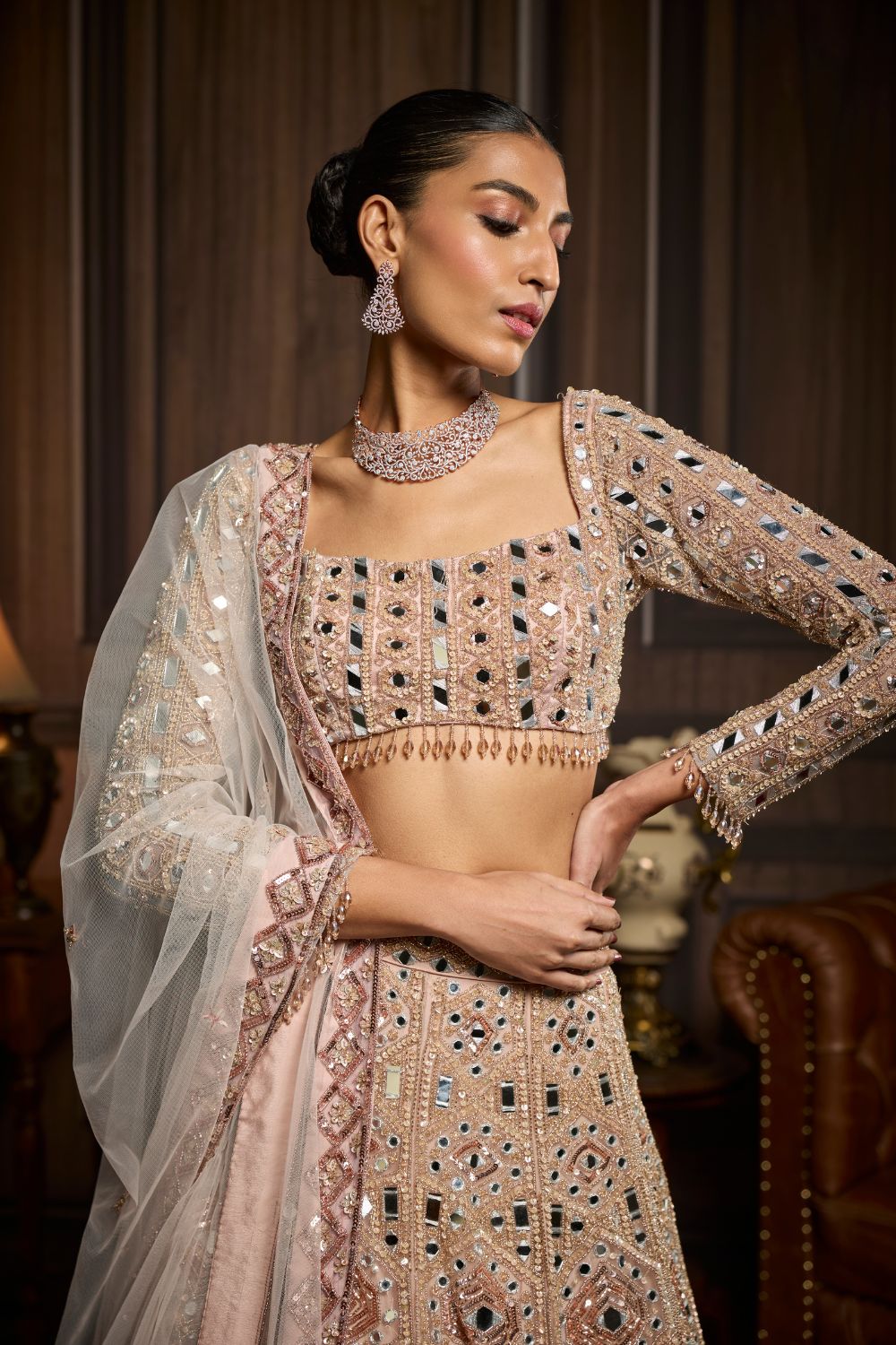BLUSH PINK EMBELLISHED MIRRORWORK LEHENGA SET