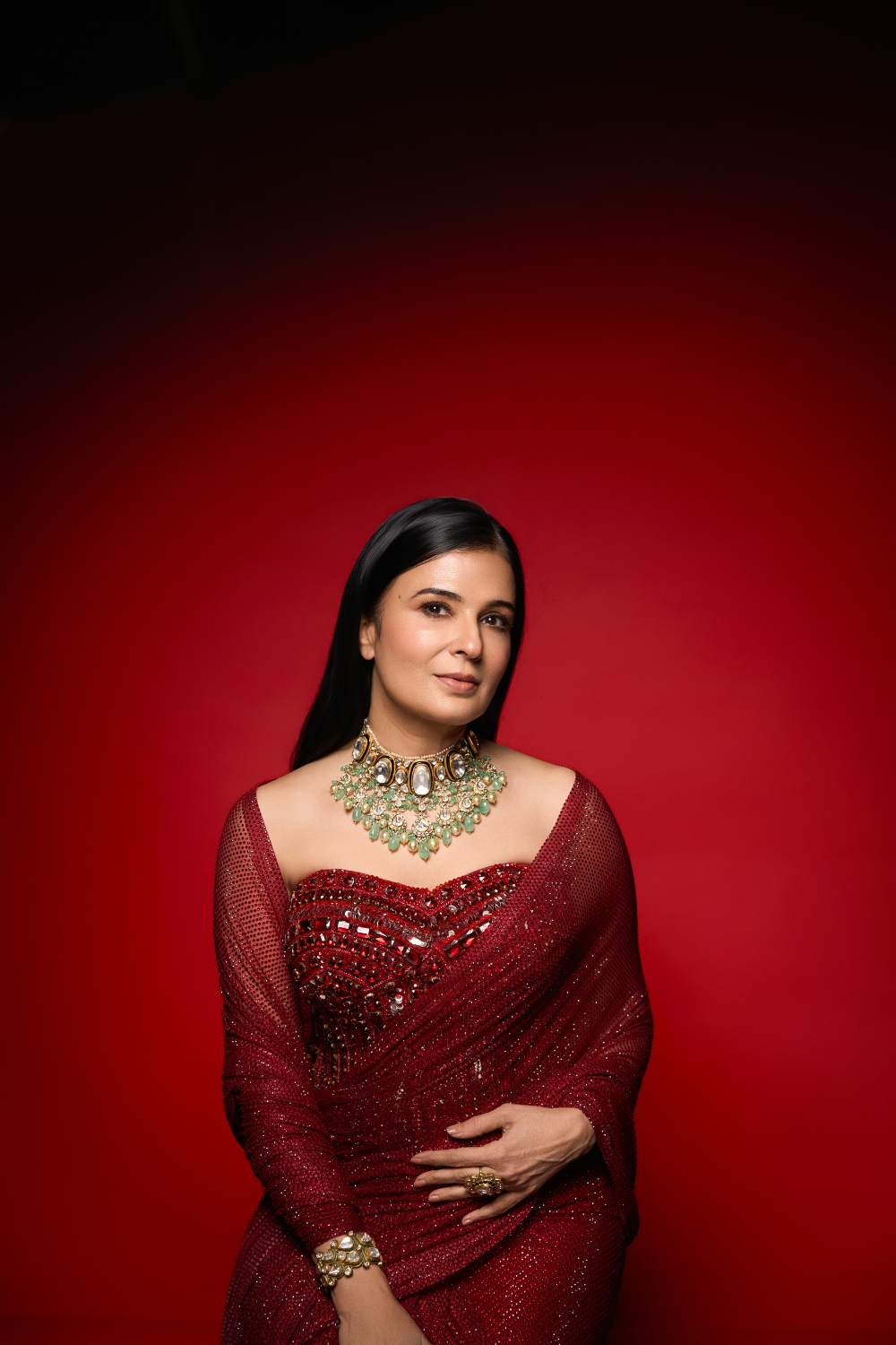 Divya Gurwara in Crimson Stardust Drape Set