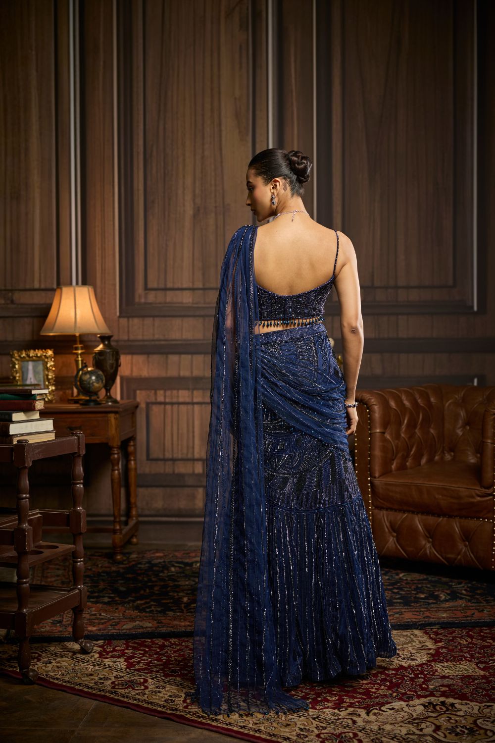 MIDNIGHT BLUE EMBELLISHED PRE-DRAPEDSKIRT SAREE SET