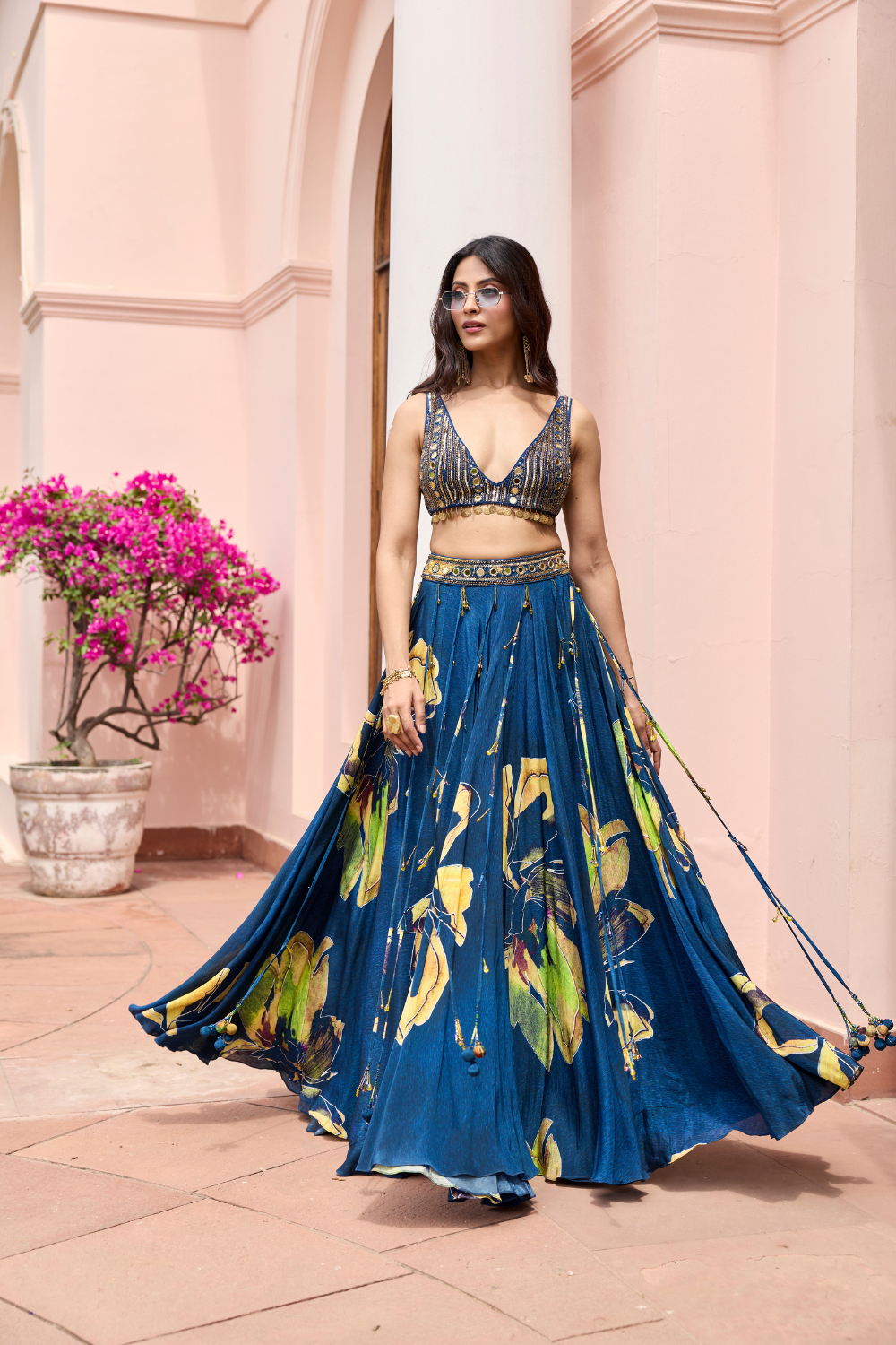 NAVYGOLD FLORAL PRINTED LEHENGA SET