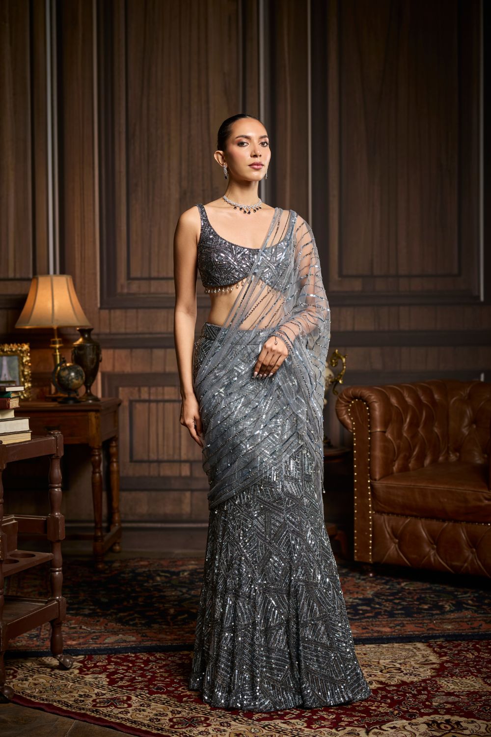 GUNMETAL EMBELLISHED PRE-DRAPED SKIRT SAREE SET