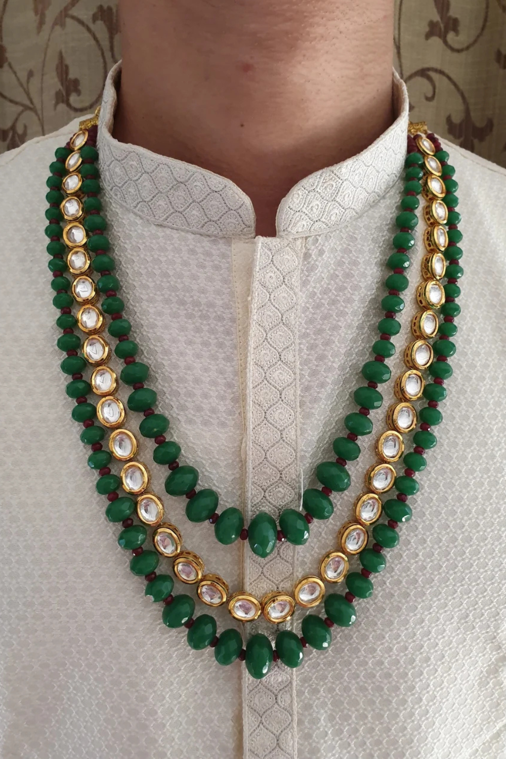 Three-Layered Kundan Green Beaded Mala