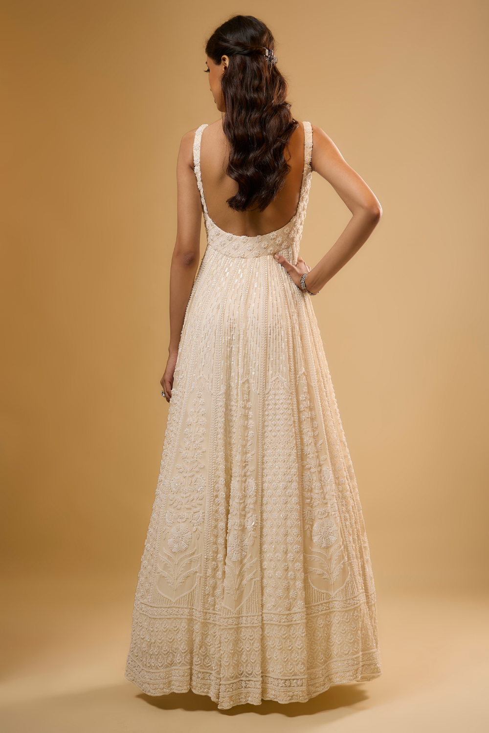Vanilla white georgette anarkali set with sequins & glass beads