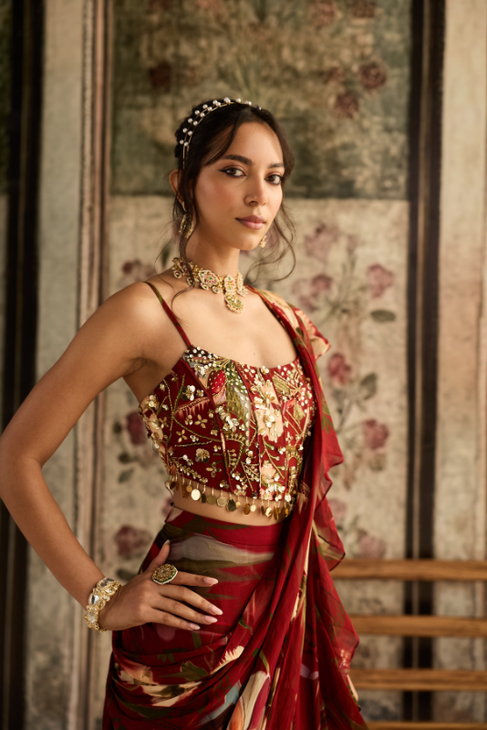 RED FLORAL PRINTED PLEATED SKIRT SAREE SET