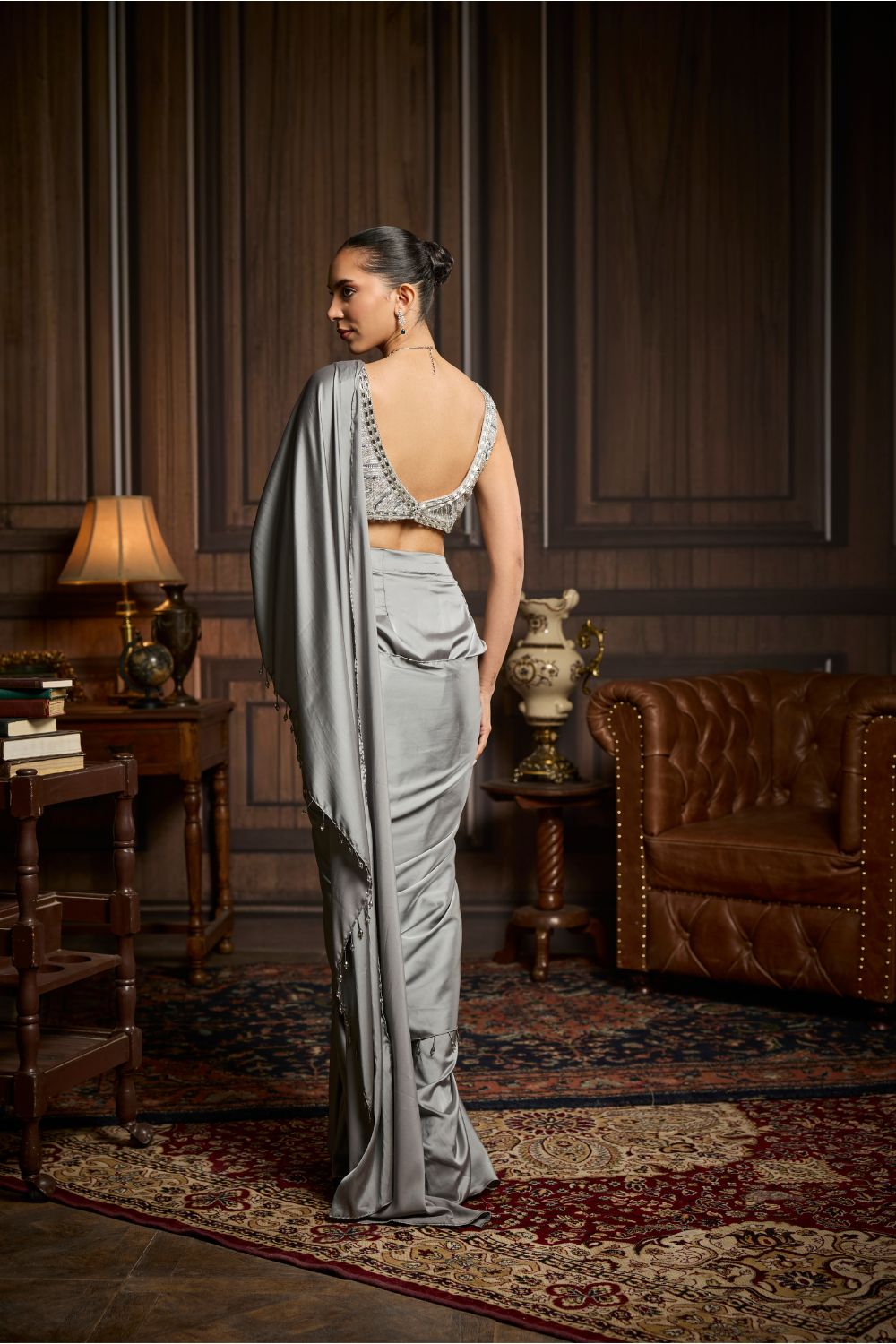 SILVER EMBELLISHED BLOUSE AND PRE-DRAPED SAREE SET
