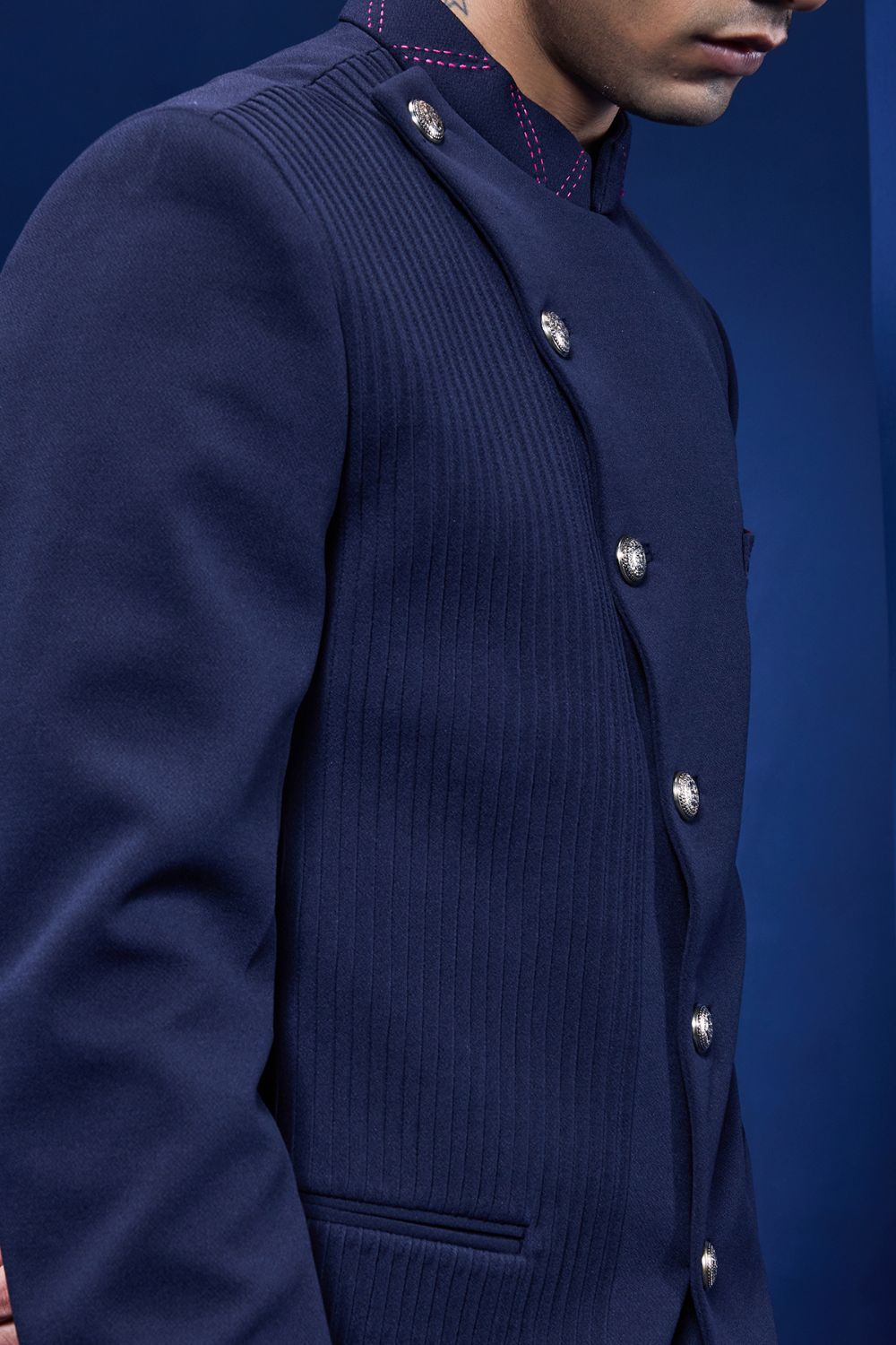 Navy Blue bandhgala detailing with golden button with side pintuck