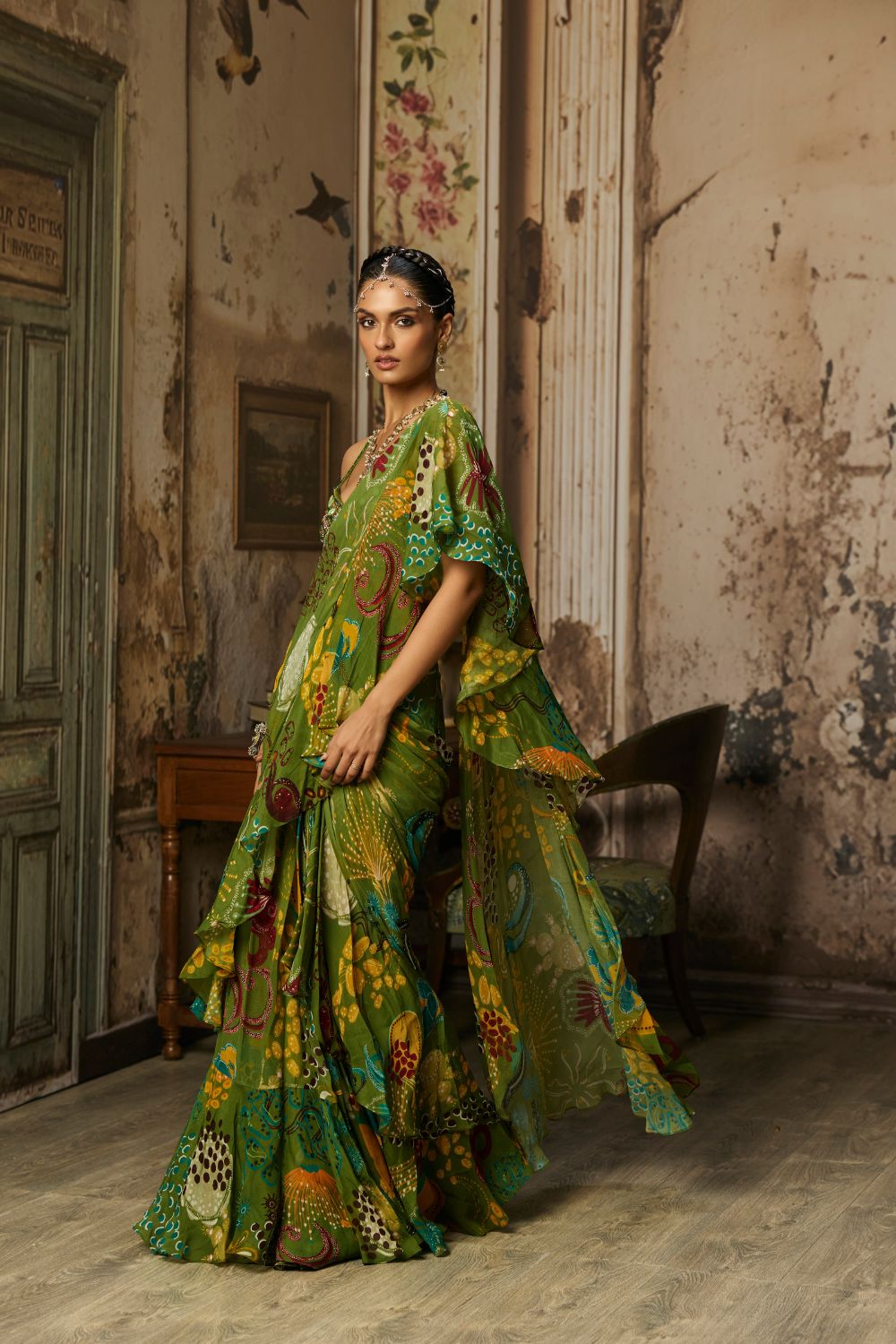 PEAR GREEN PRINTED AND HIGHLIGHTED RUFFLE SKIRT SAREE SET