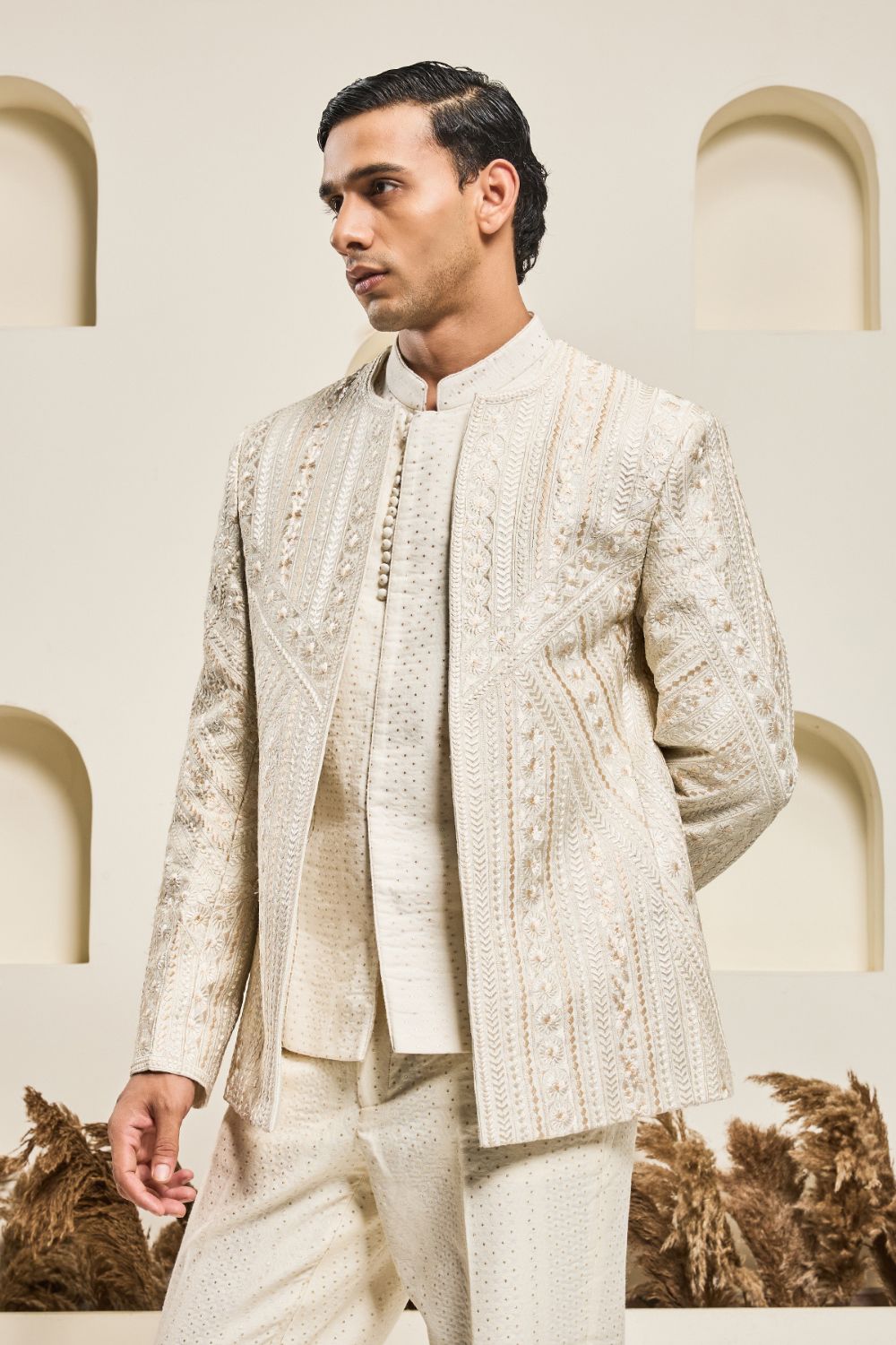 Ivory open bandhgala with Resham thread Work