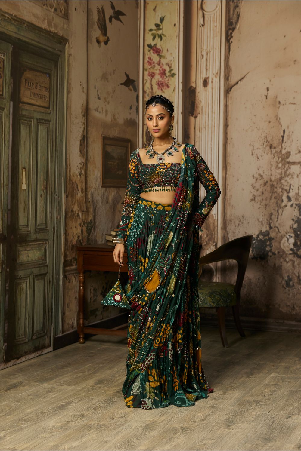 DARK GREEN PRINTED AND HIGHLIGHTED TIERED SKIRT SAREE SET