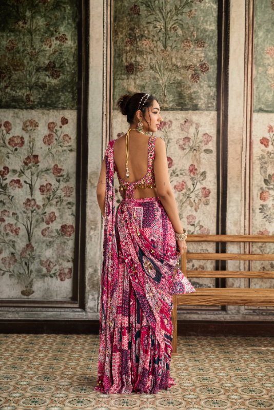 FUSCHIA PRINT AND HIGHLIGHTED SQUARE NECK BLOUSE WITH TIERED SAREE SET