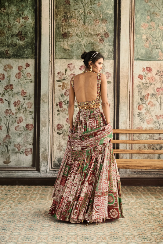 SAGE-MAROON PRINT AND HIGHLIGHTED SQUARE NECK BLOUSE WITH LEHENGA SET