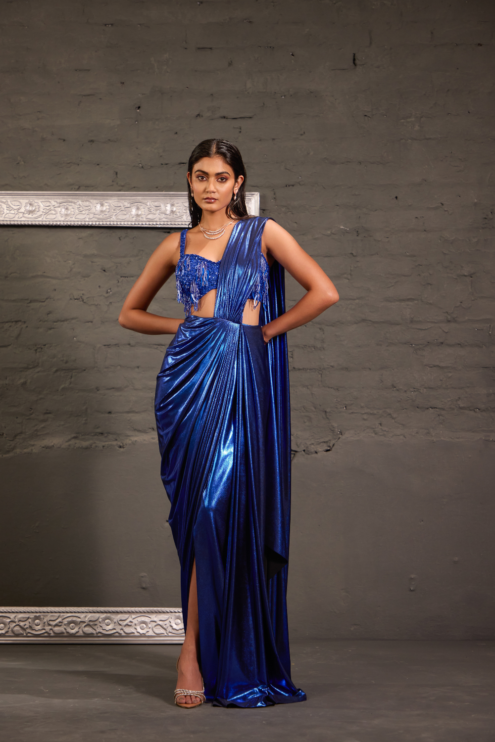 Tasseled Royal Blue Cocktail Metallic Drape Saree Set