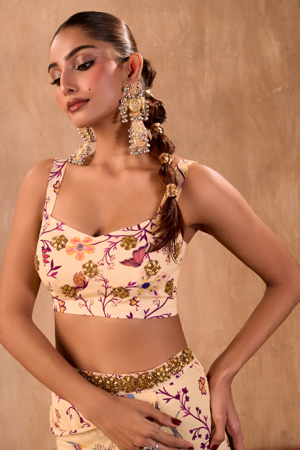 IVORY PRINT EMBROIDERED CHOLI, DRAPED SKIRT AND DUPATTA SET