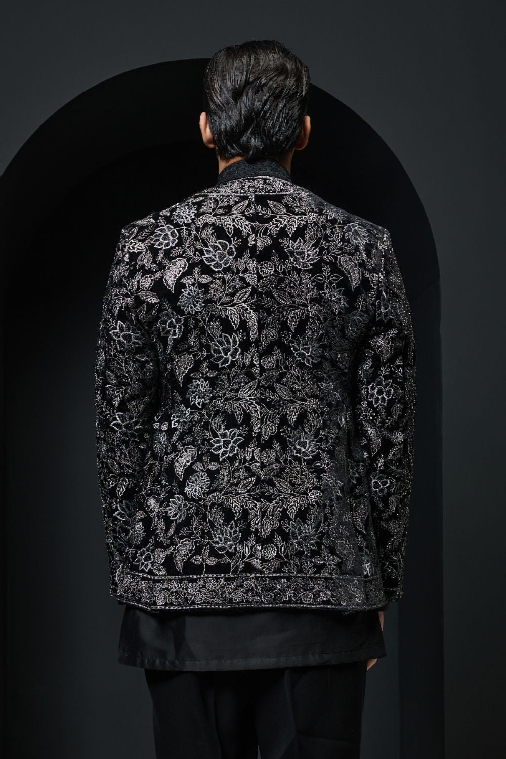 Black open bandhgala with silver zari , sequins & pearl work