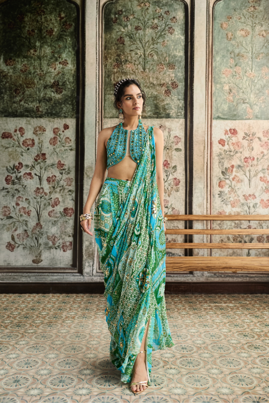 AQUA EMBROIDERED BLOUSE AND AQUA PRINT AND HIGHLIGHTED DRAPE BOX PLEAT PANT SAREE