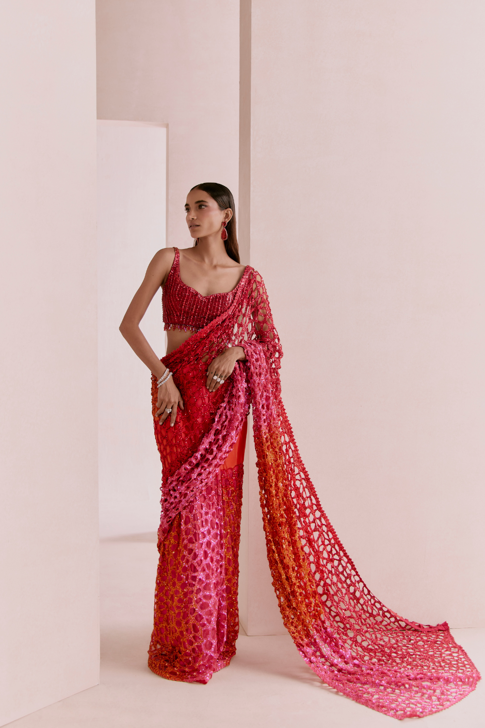 Red To Pink Cutwork Saree Set