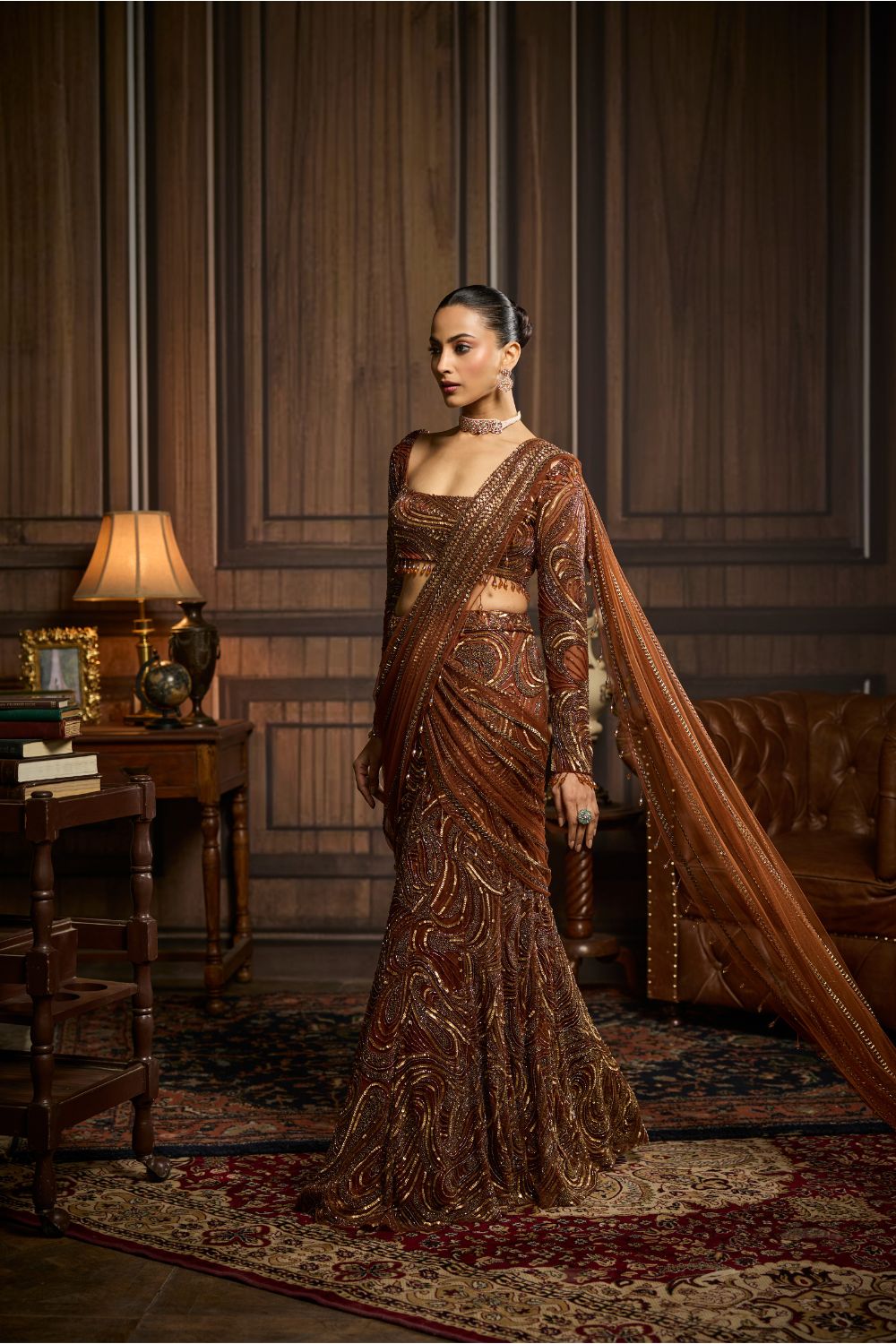 METALLIC GOLD EMBELLISHED SKIRT SAREE SET