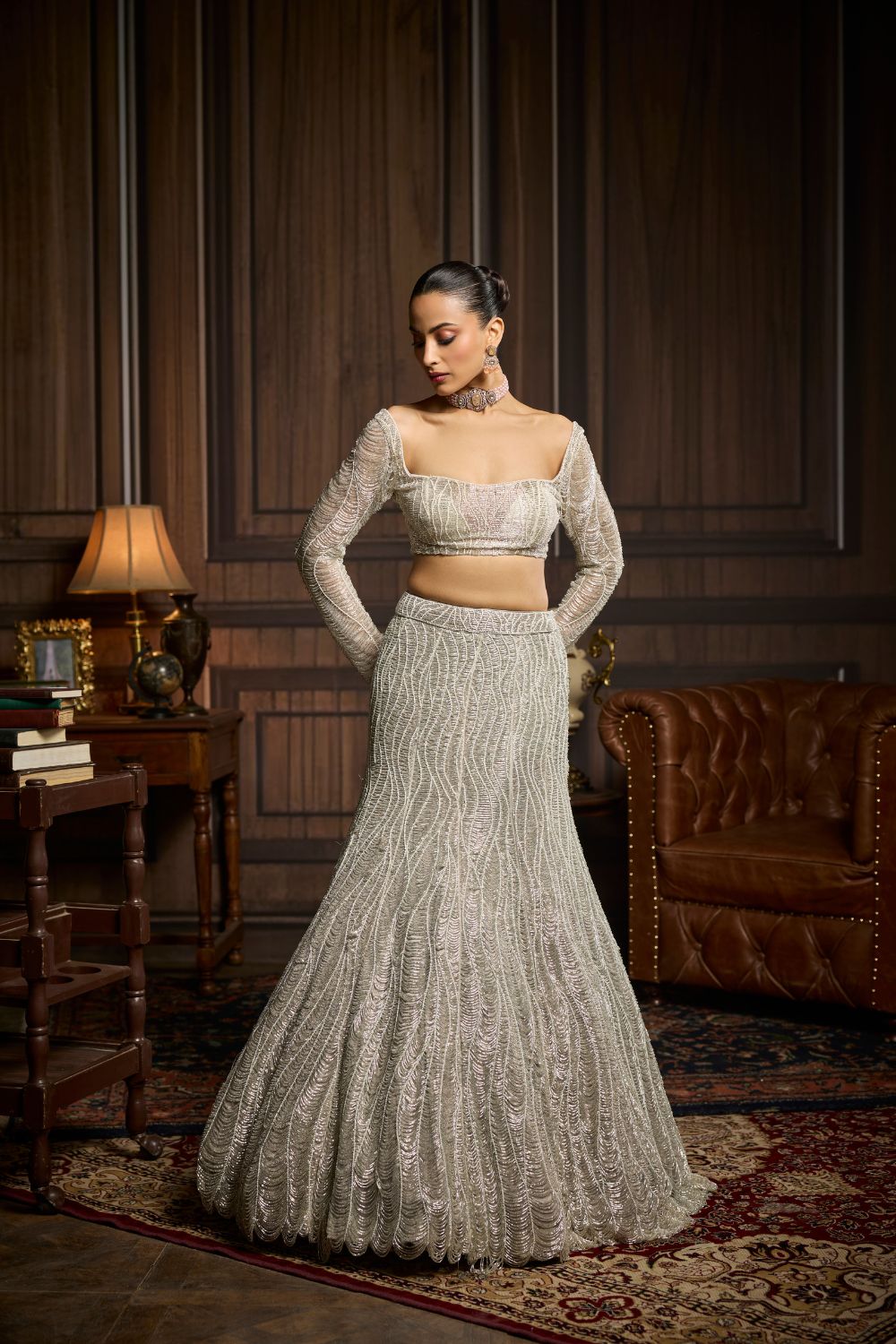 SILVER FULLY EMBELLISHED MERMAID SKIRT SET