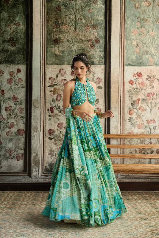 AQUA EMBROIDERED BLOUSE AND AQUA PRINT AND HIGHLIGHTED LEHENGA SET