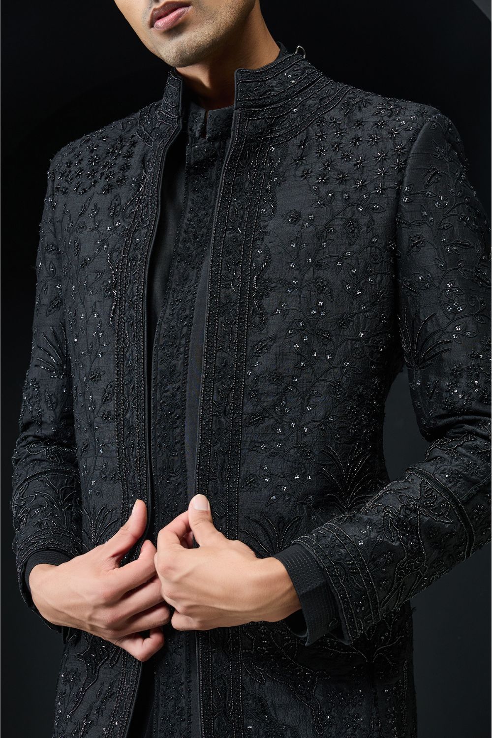 Black open indo Western highlighting with pearls, sequins and thread work