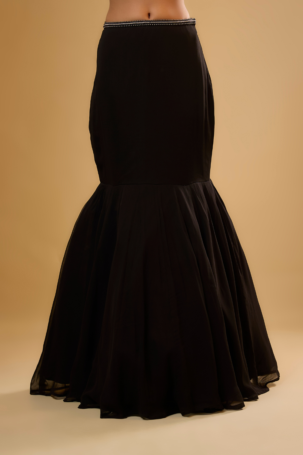 Black georgette fish cut lehenga set embroidered with sequins, glass beads & threadwork