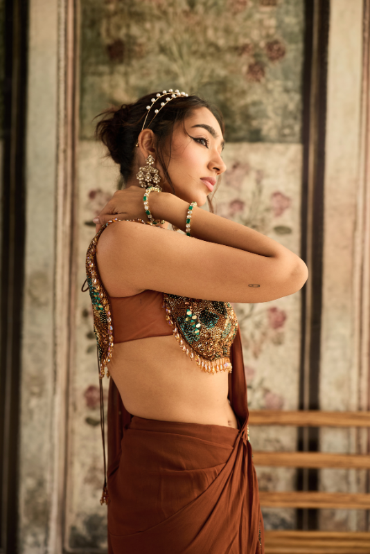 CARAMEL EMBROIDERED PRE-DRAPED SAREE SET