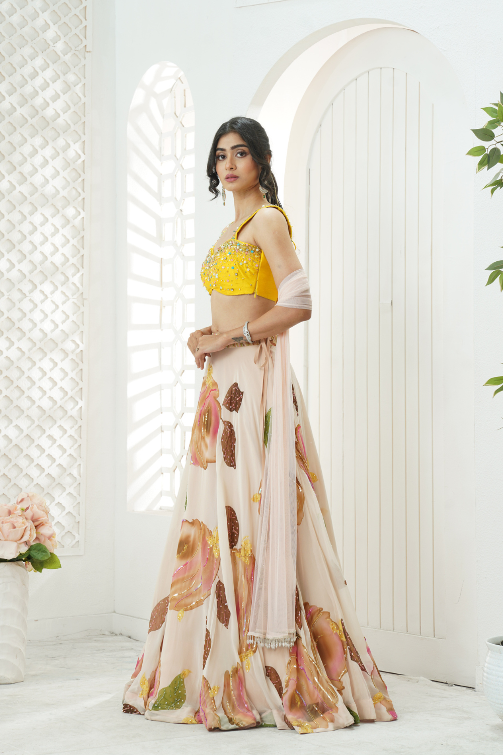 Baby Pink hand painted lehenga and embroidered Yellow blouse set