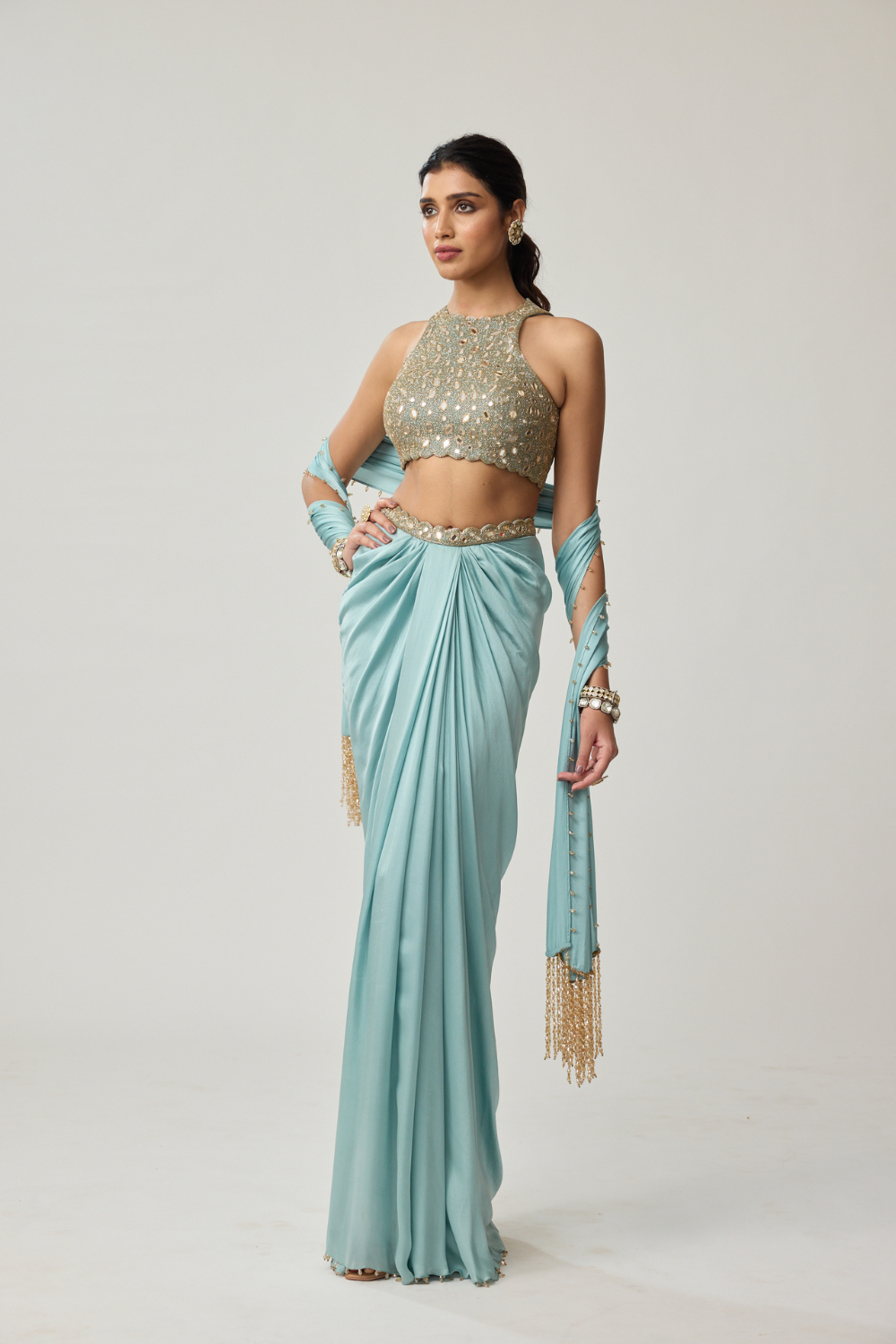 Powder Blue Mirror Satin draped skirt Set