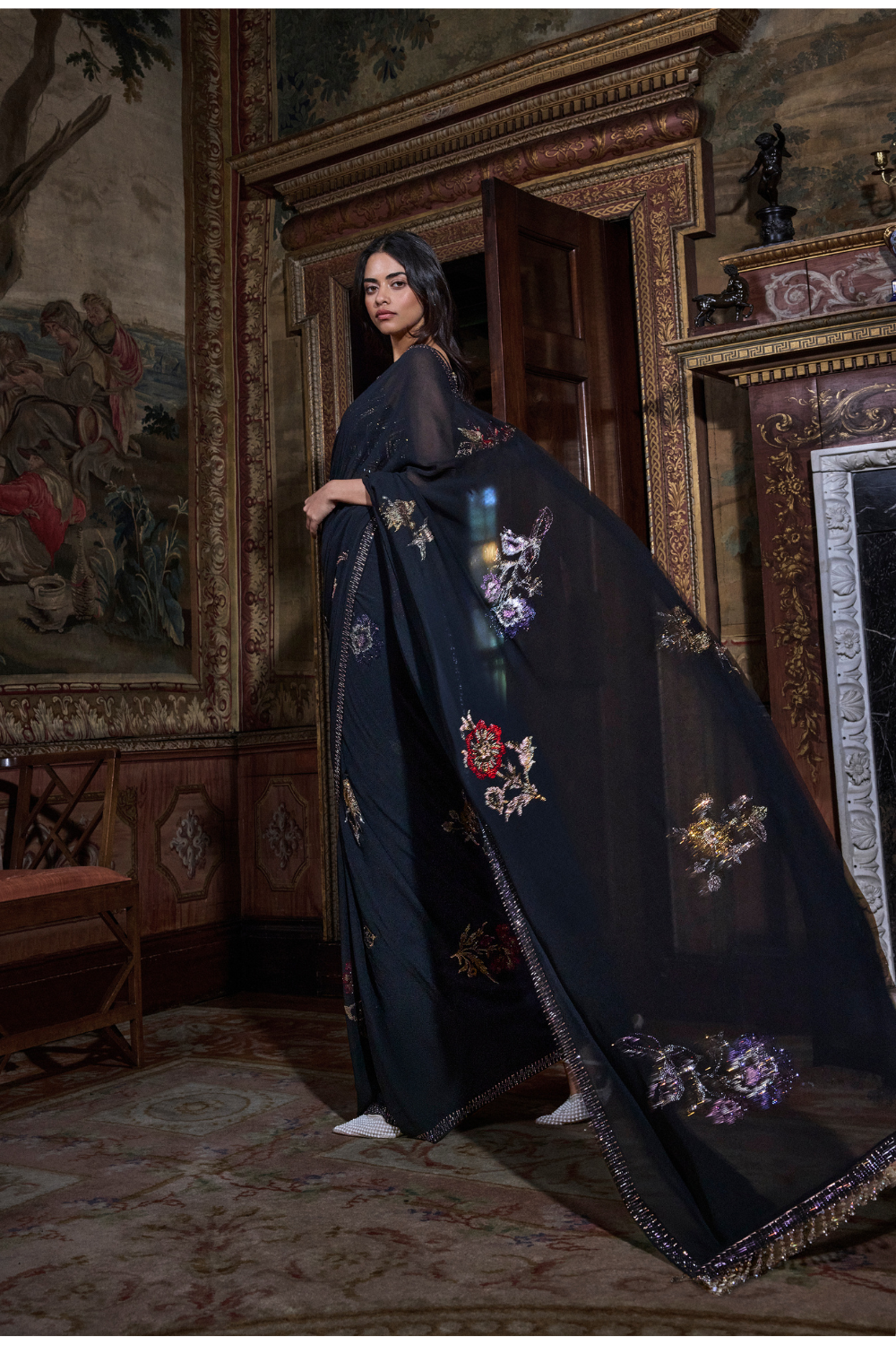 Black Crystal Georgette Saree