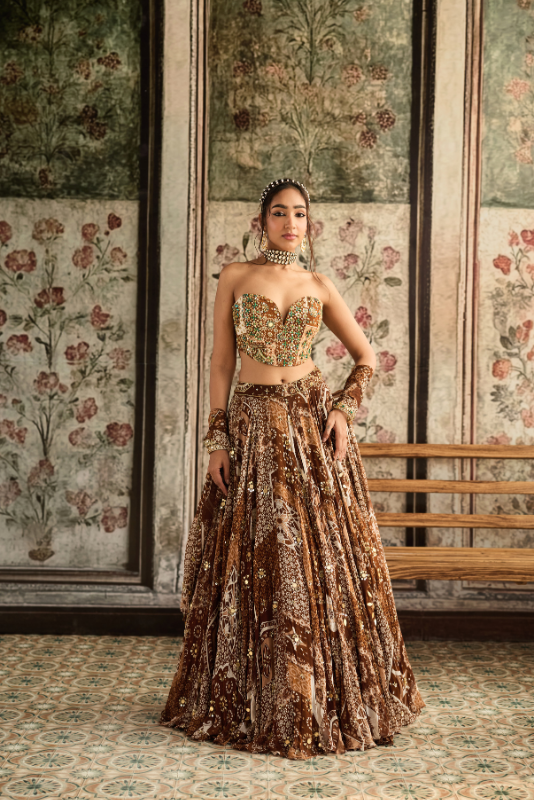 CARAMEL PRINT AND HIGHLIGHTED CORSET TOP WITH LEHENGA SET