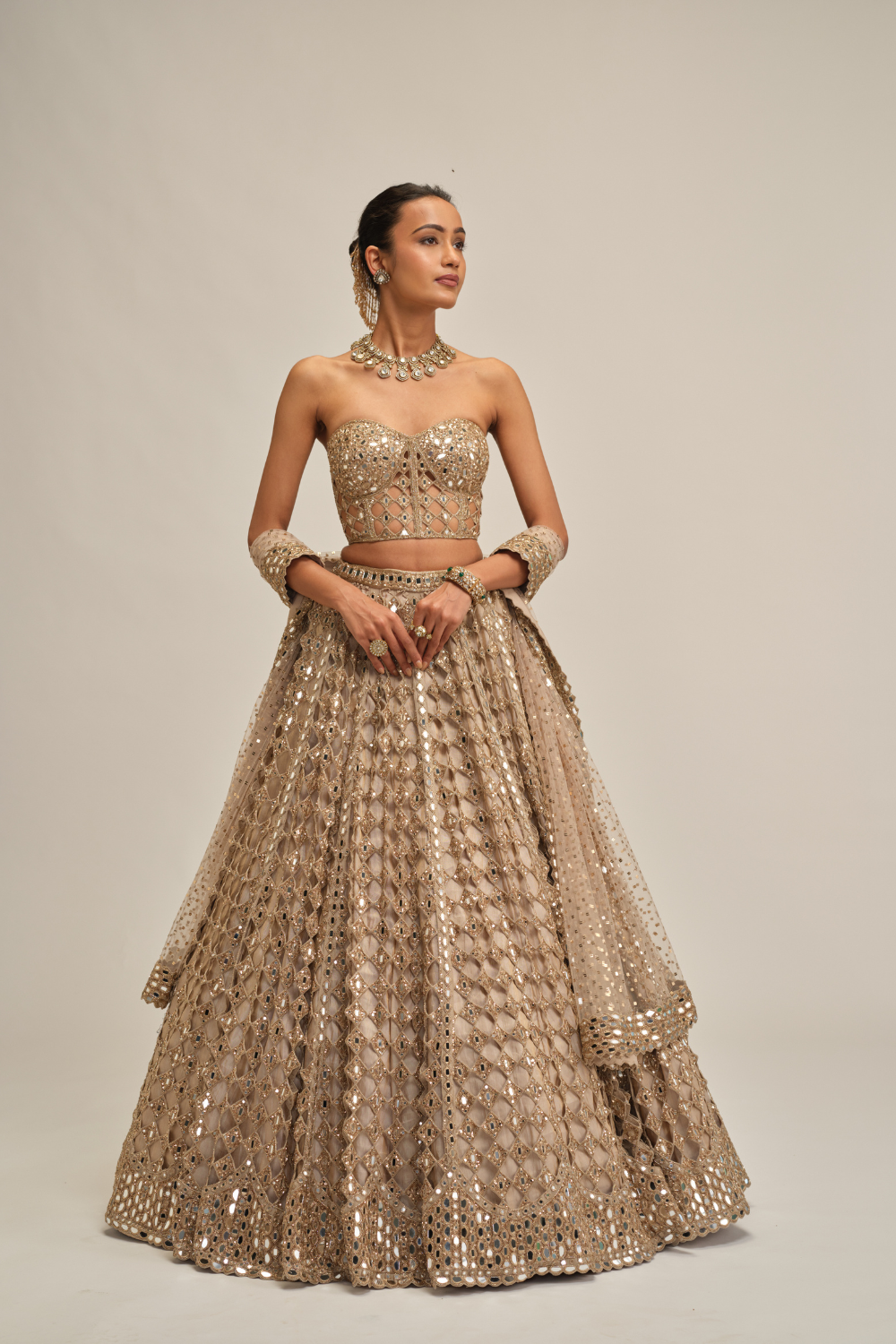 Light Beige Big Mirror Cutwork Lehenga with Corset Set