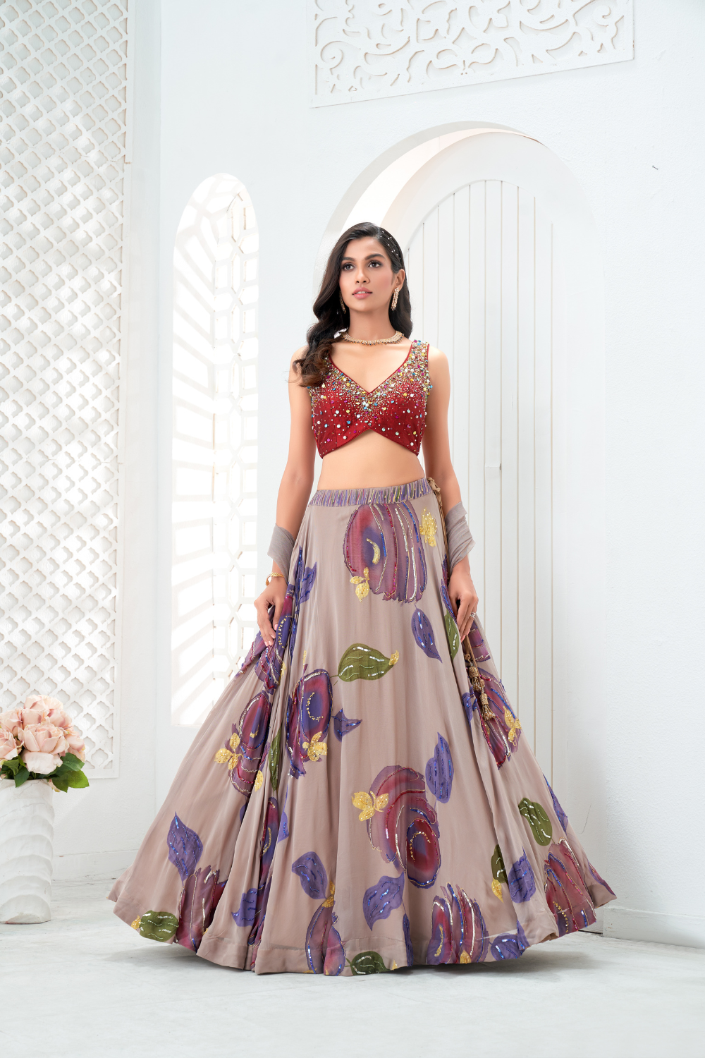 Mauve hand painted lehenga and embroidered Red blouse set
