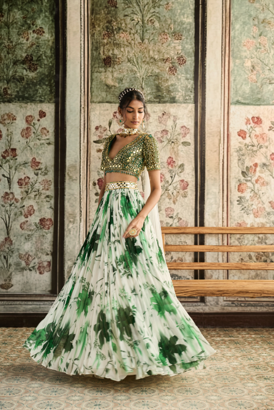 IVORY & GREEN FLORAL PRINTED LEHENGA SET