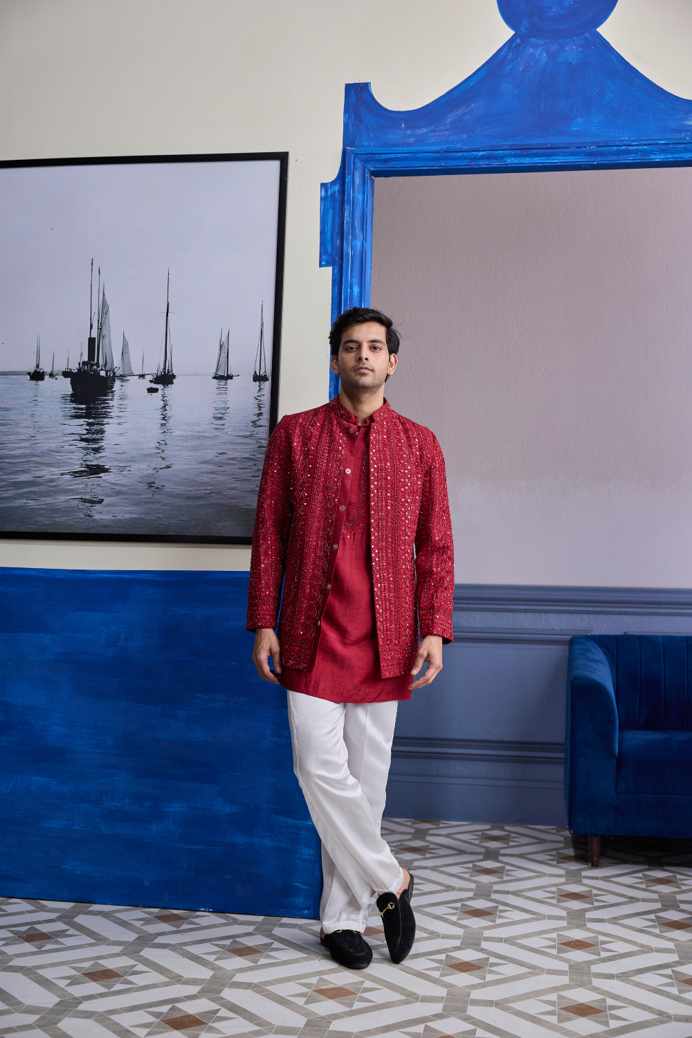 Maroon Mirror Embroidered & Thread Work Bandhgala Jacket with Kurta & Pants