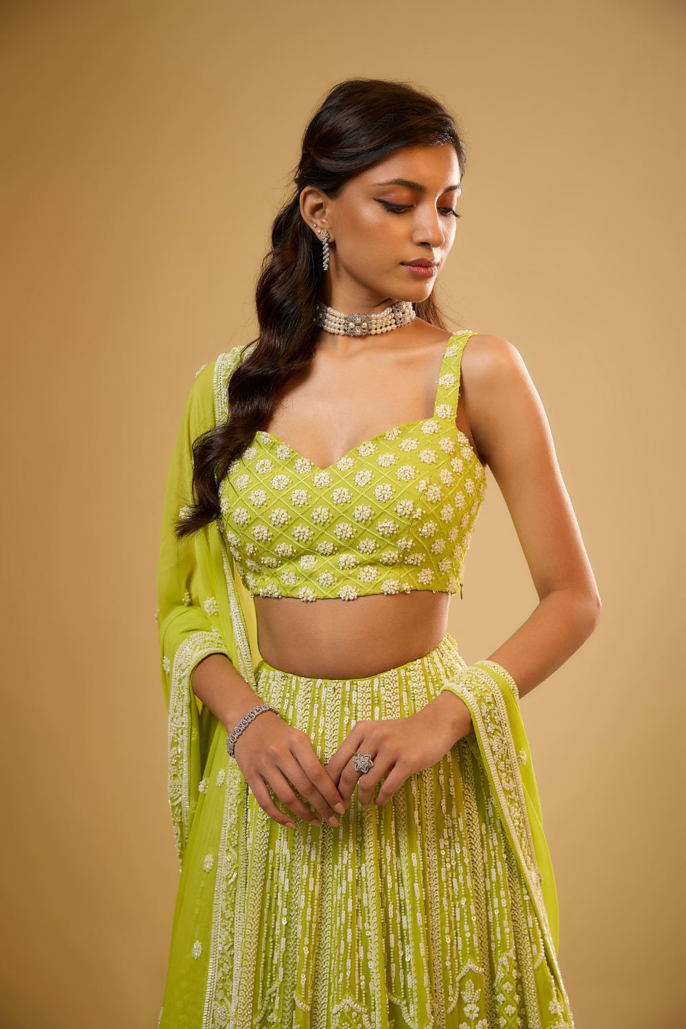 Citrus green georgette lehenga set with sequins & glass beads