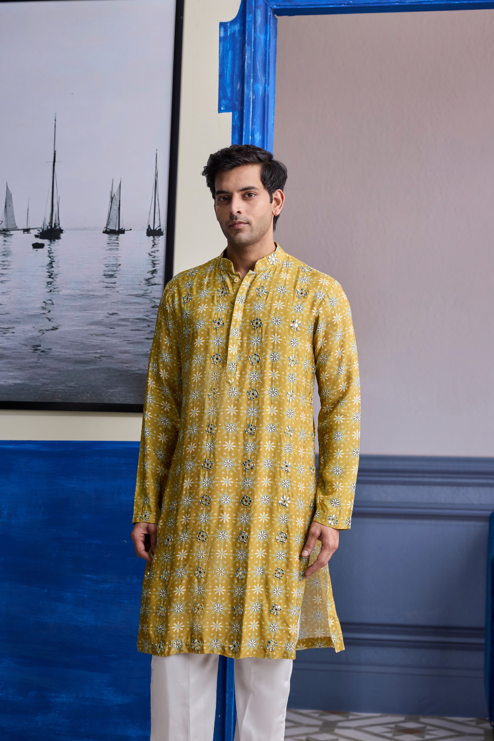 YELLOW BUTTA PRINT HIGHLIGHTED KURTA WITH IVORY PANTS