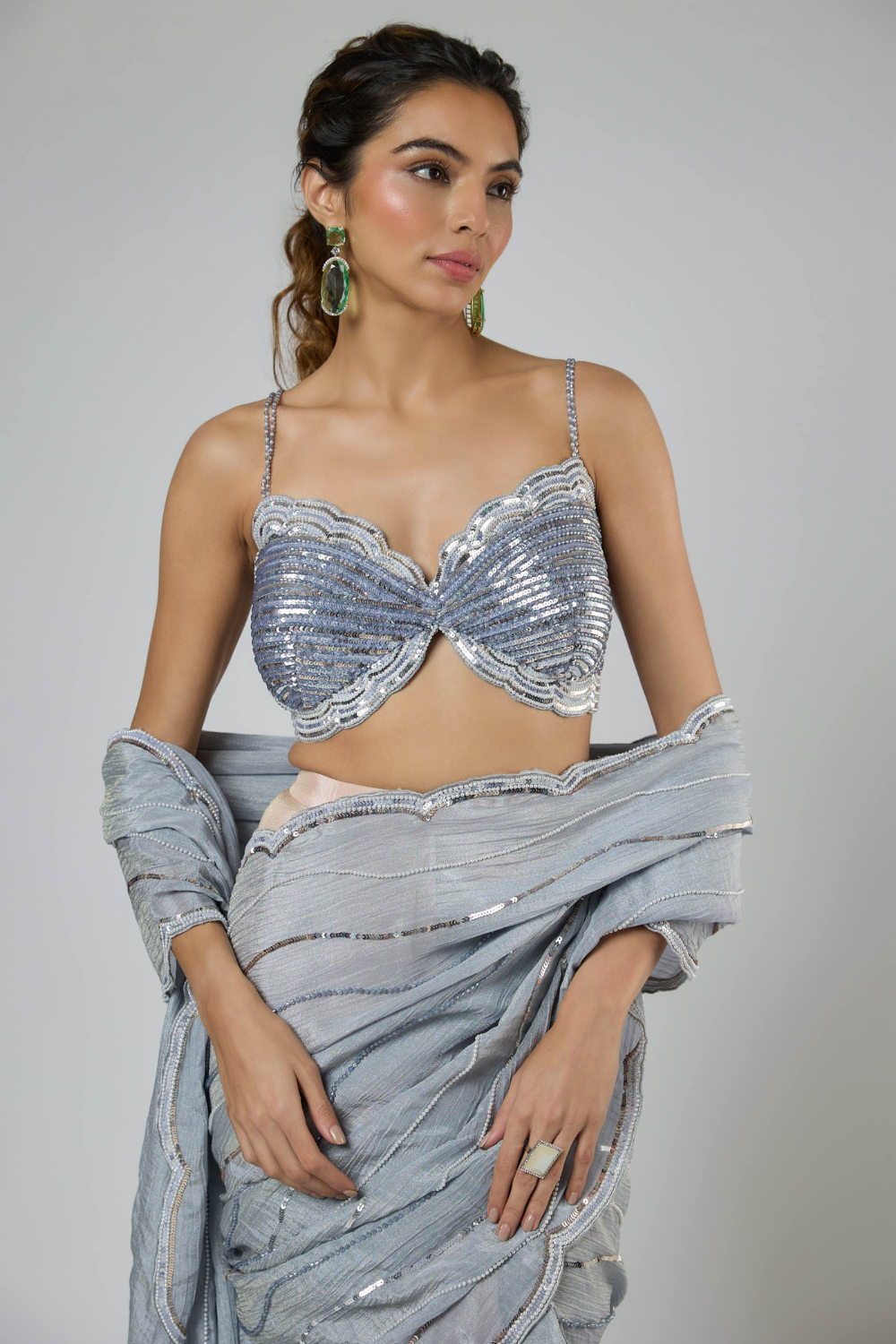 PERIWINKLE SCALOP CUTWORK EMBROIDERED SAREE SET