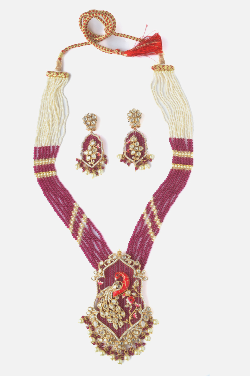 Moissanite Polki Ruby Peacock Beaded Statement Necklace Set