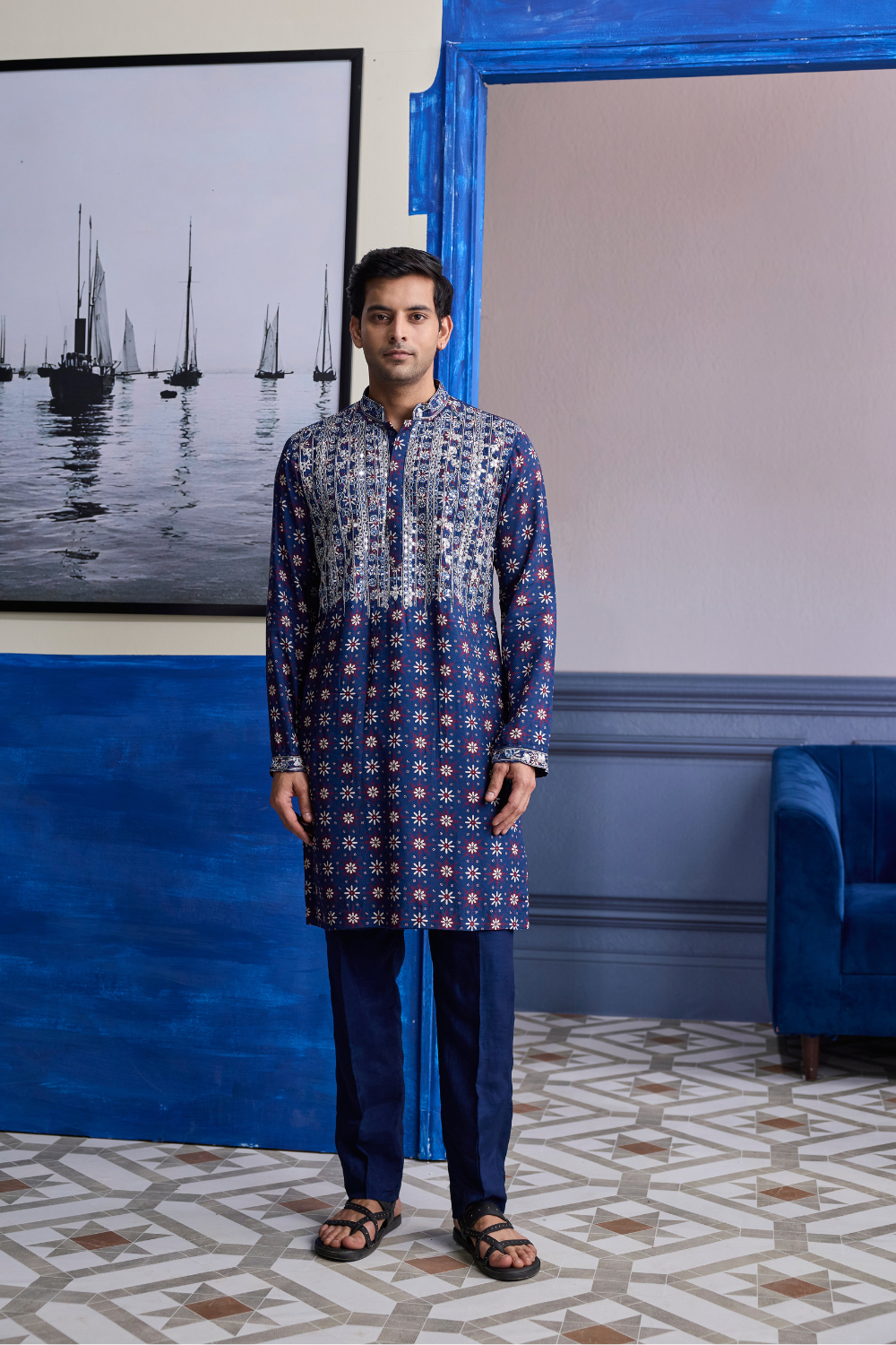 DARK BLUE PRINT HILIGHTED KURTA WITH SOLID PANTS
