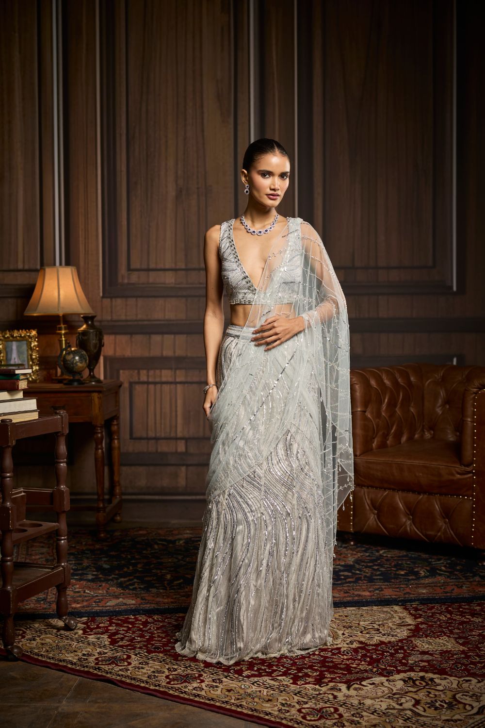 SILVER EMBELLISHED PRE-DRAPED SKIRT SAREE SET
