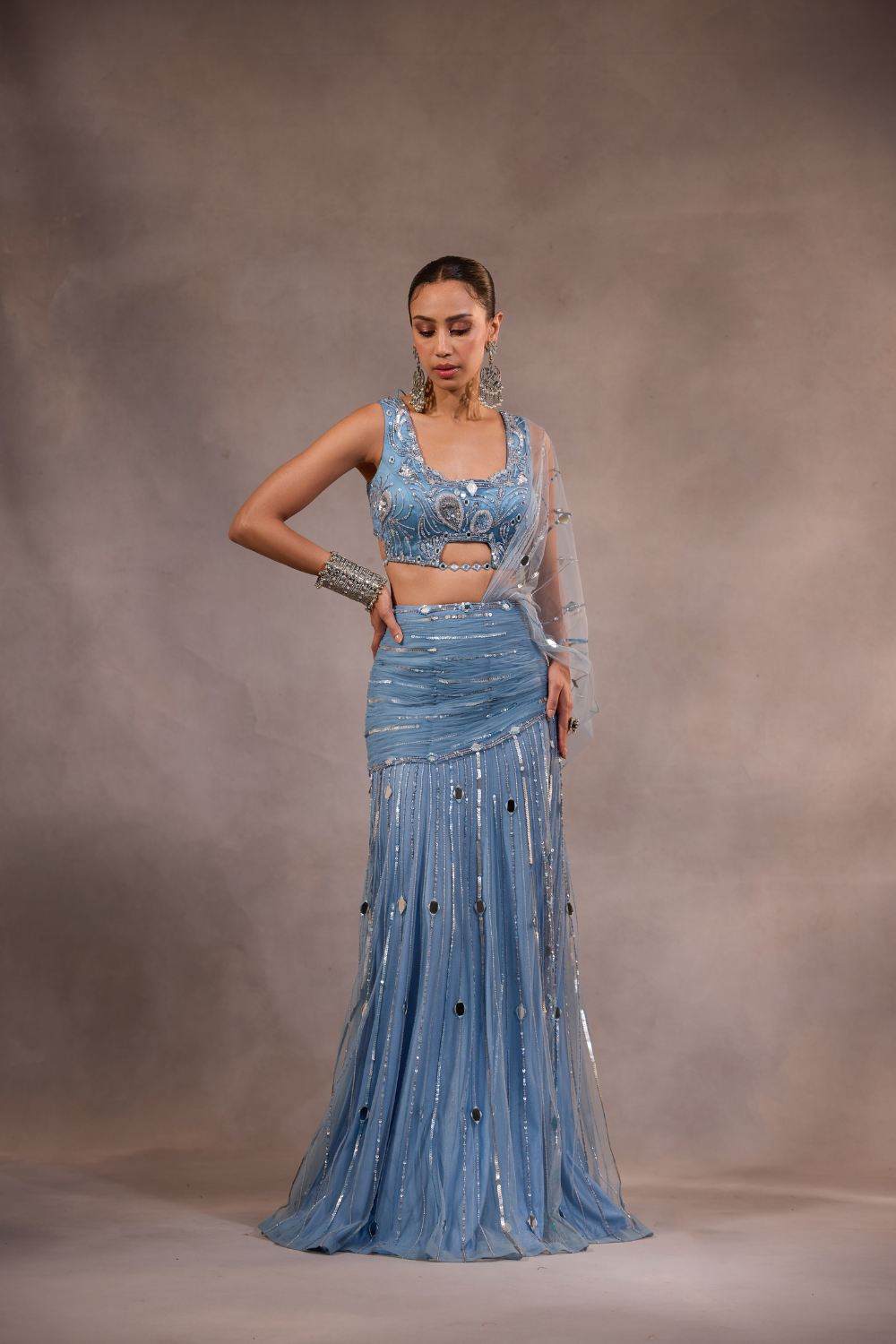 Powder Blue Embellished Mermaid Lehenga Saree Set