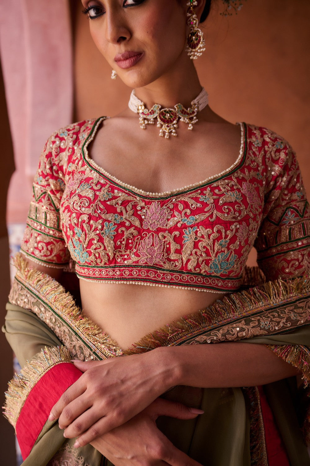 Sage green and Fuchsia upada silk blouse, lehenga and organza dupatta
