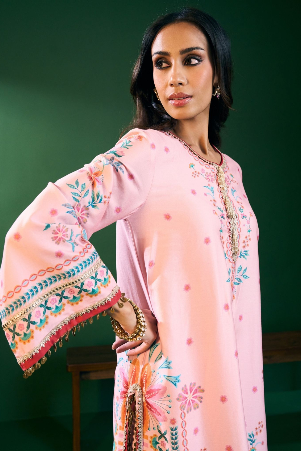Omira Pima Satin Printed Pink Kurta Set