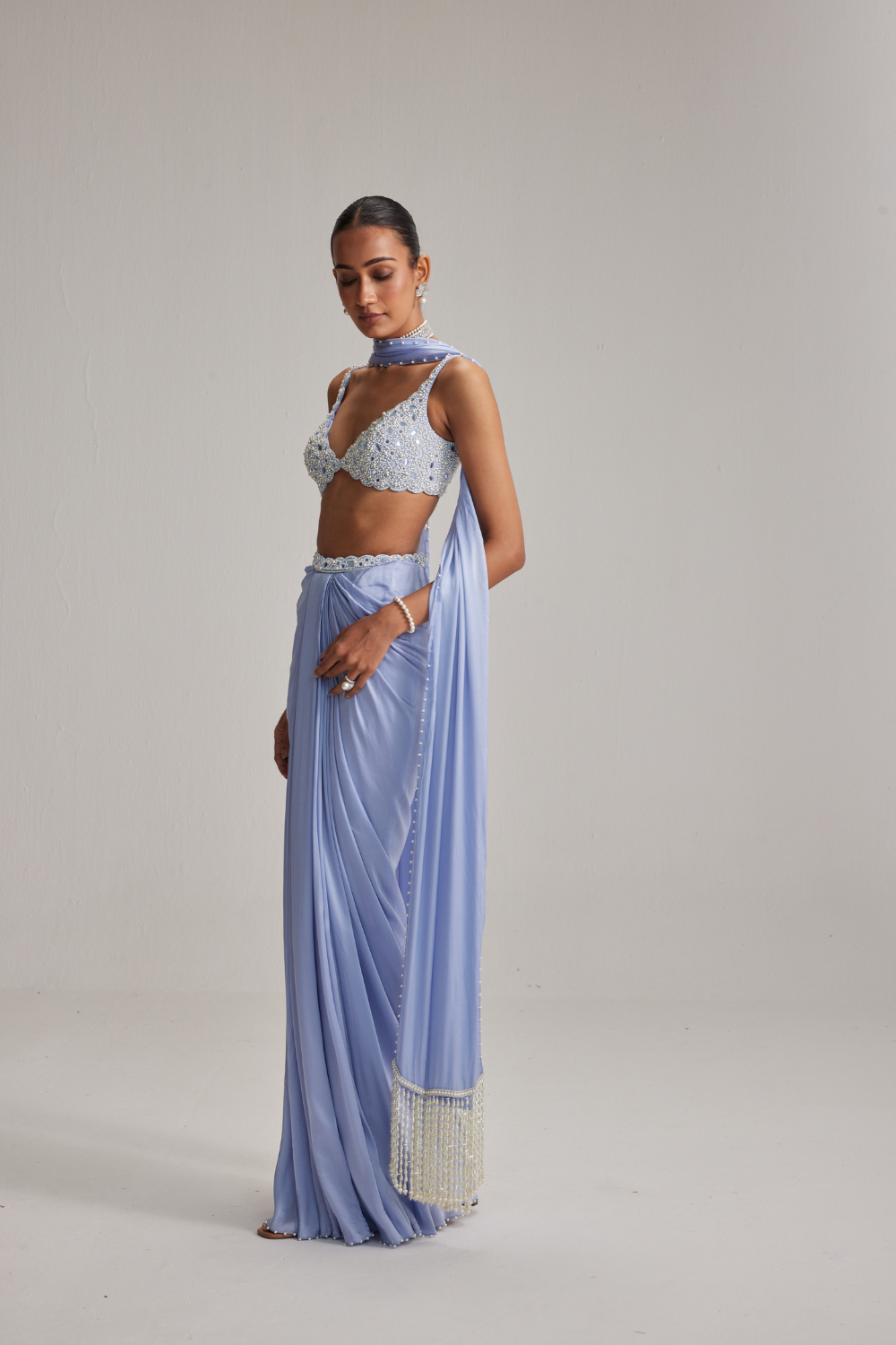 Dew Blue Satin Draped Skirt Set