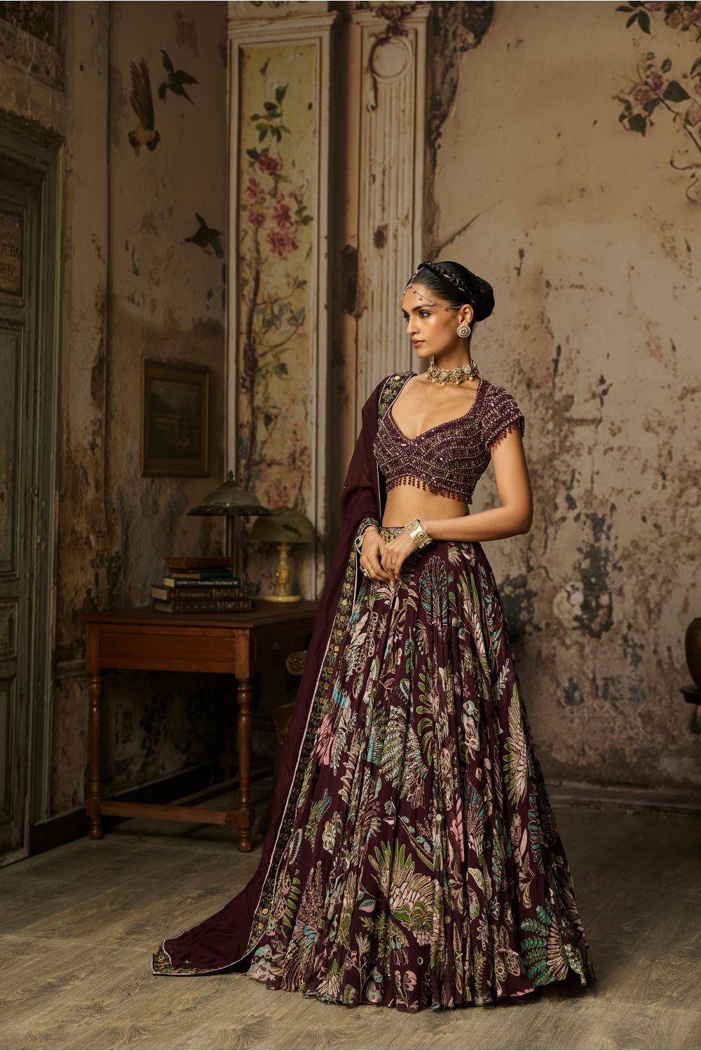 PLUM EMBROIDERED BLOUSE WITH PRINTED LEHENGA SET